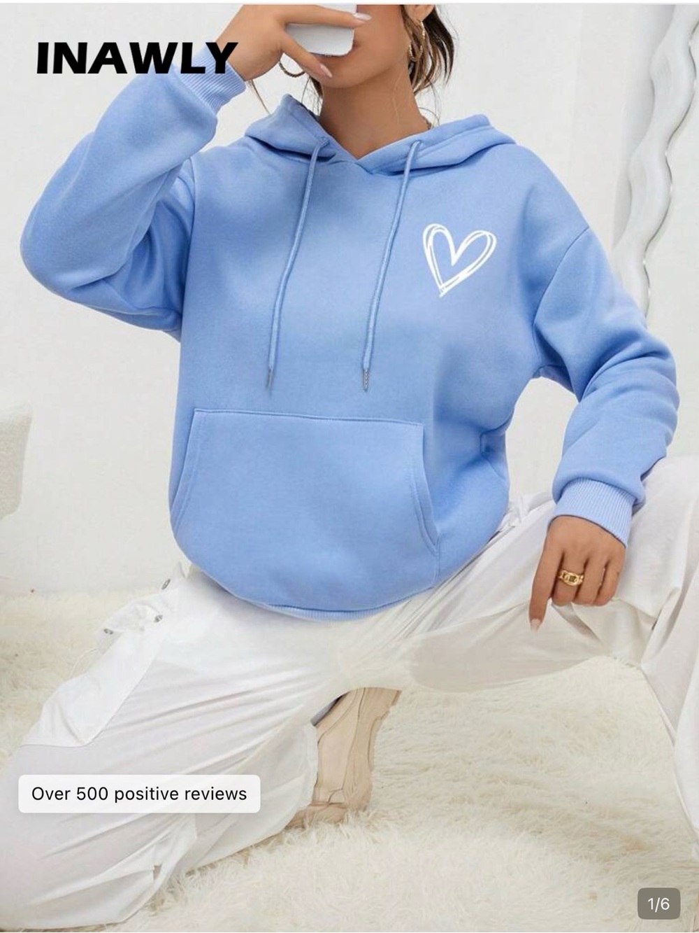 SHEIN Light Blue Heart Graphic Pullover Hoodie